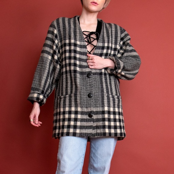 Vintage 80s black white plaid striped wool blazer - Picture 4 of 7